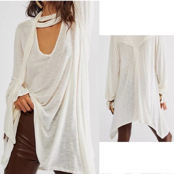 Free People || ‘Bridgette’ Tunic Top Dress Ivory Tie Neck, Lace Up Sleeve - Picture 2 of 11
